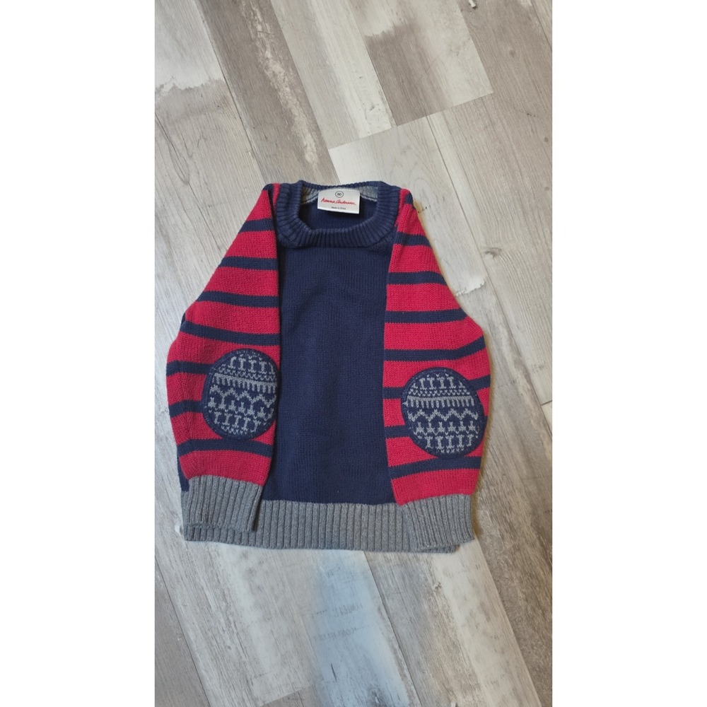 Hanna Andersson Kids Navy Red Striped Elbow Patch Knit Sweater Size 80 18-24 Mo.